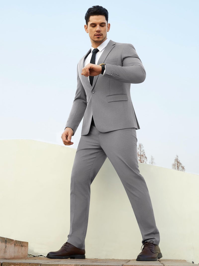 WEEN CHARM بدلة WEEN CHARM للرجال بتصميم نحيف 2 قطعة بدلة زفاف توكسيدو زر واحد حفلة ترويجية سترة صلبة وسروال مجموعة رمادي فاتح - Image 5